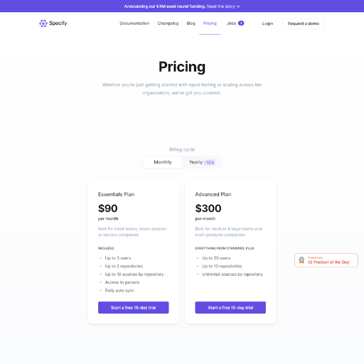 Specify Pricing Page Design