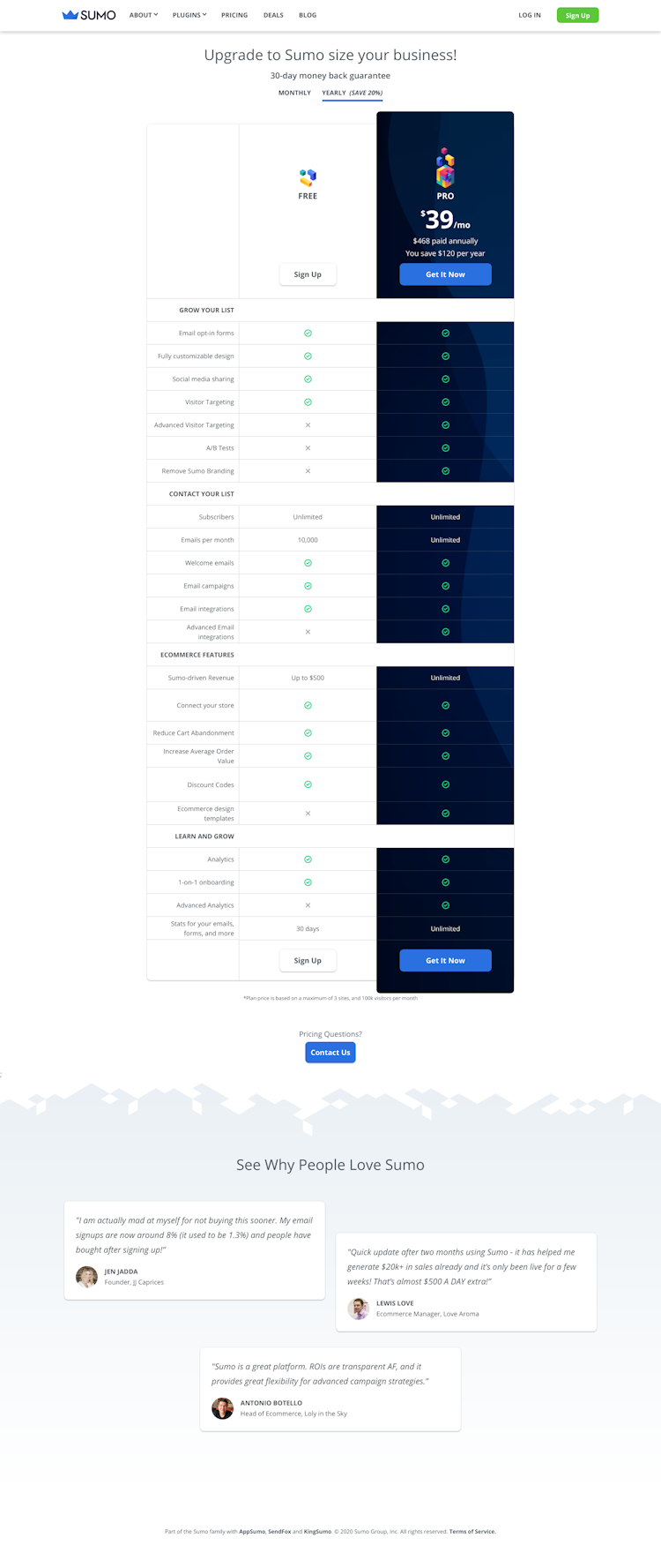 Sumo Pricing Page Design