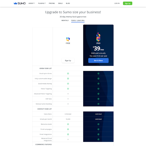 Sumo Pricing Page Design