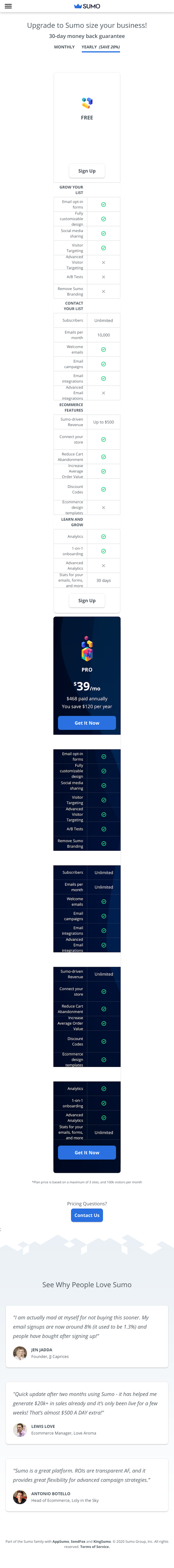 Sumo Pricing Page Design