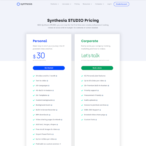 Synthesia Pricing Page Design