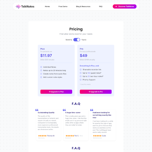 TalkNotes Pricing Page Design