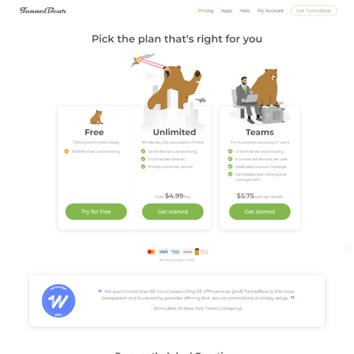 Tunnelbear Pricing Page Design