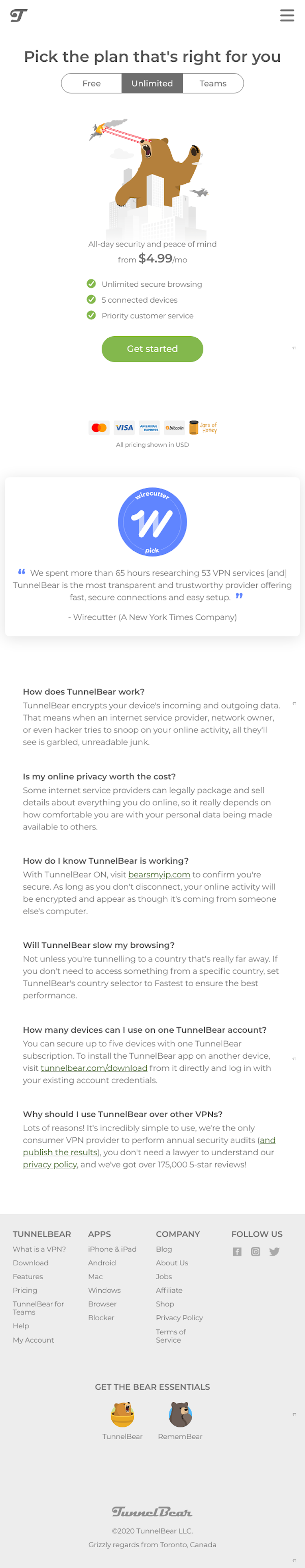 Tunnelbear Pricing Page Design