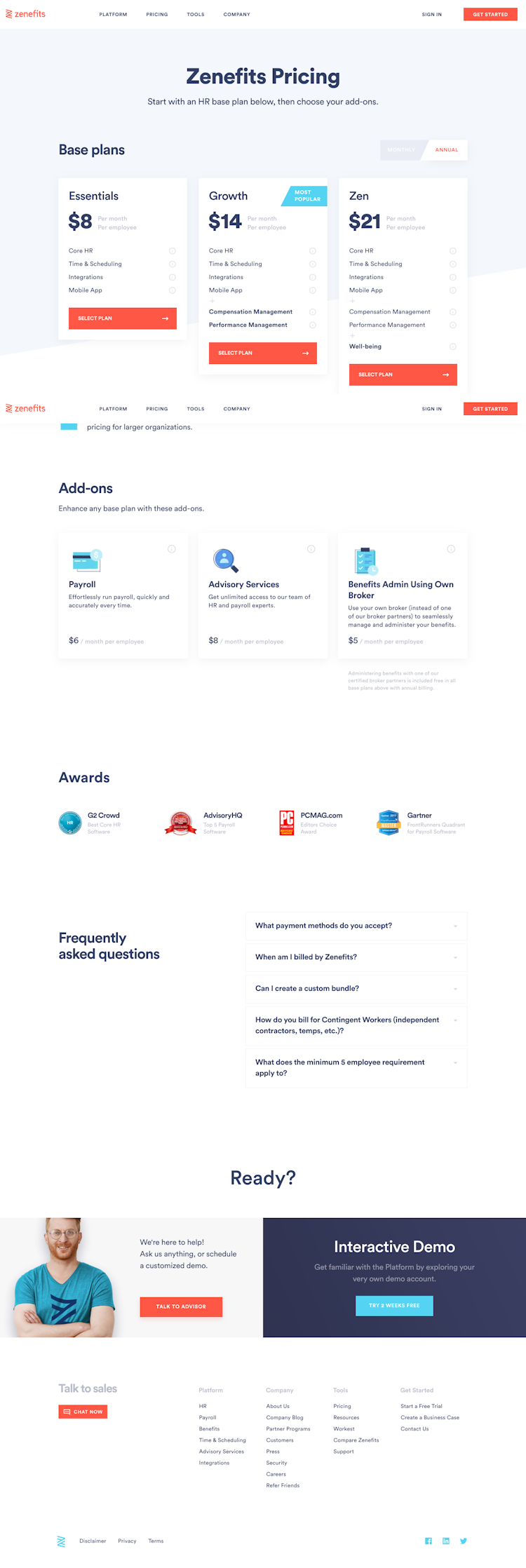 Zenefits Pricing Page Design